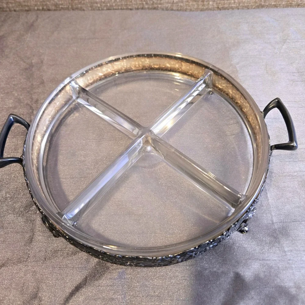 Holland Ware Vtg‎ Silver Plate Divided Footed Tray Glass Insert Dutch Scene